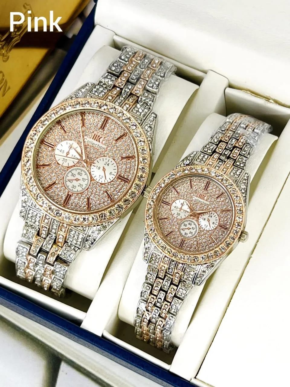 Luxury Diamond-Accented Couple Watch Set (Without Box) - Pink