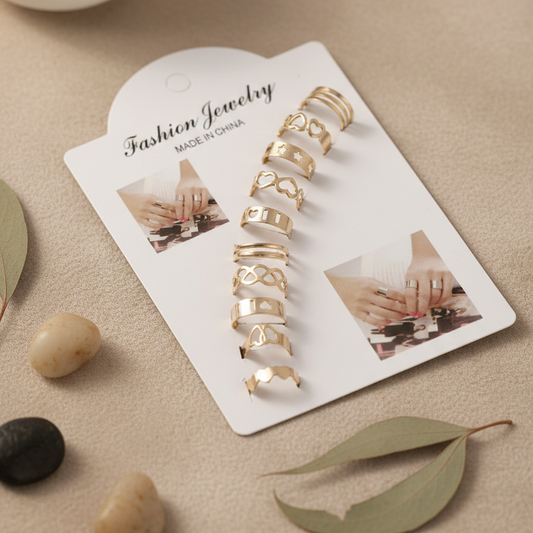 10 Pcs Adjustable Alloy Rings Set for Women & Girls – Stackable Fashion Jewelry Collection ~ Golden