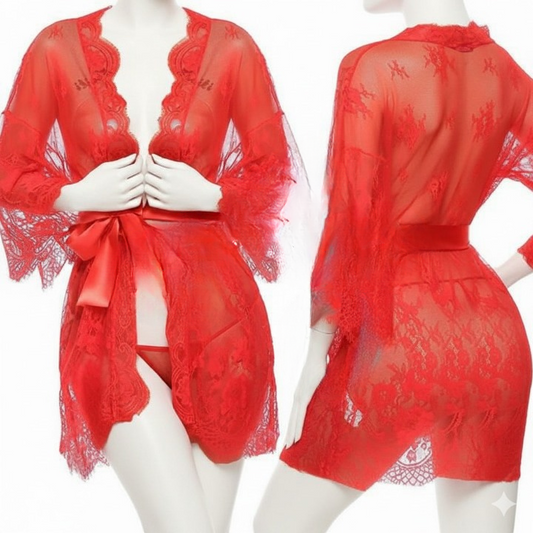 Single Pcs Women’s Net Transparent Sheer Lace Robe Gown – Long Sleeve Free-Size Nightwear With Satin Belt For Elegant And Stylish Comfort | DC-1051 (Red)