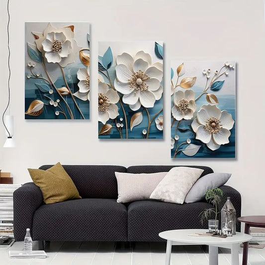 Elegant 3-Piece Floral Wall Frame Set – White Blossoms & Golden Stems on Teal Background 8 X 11