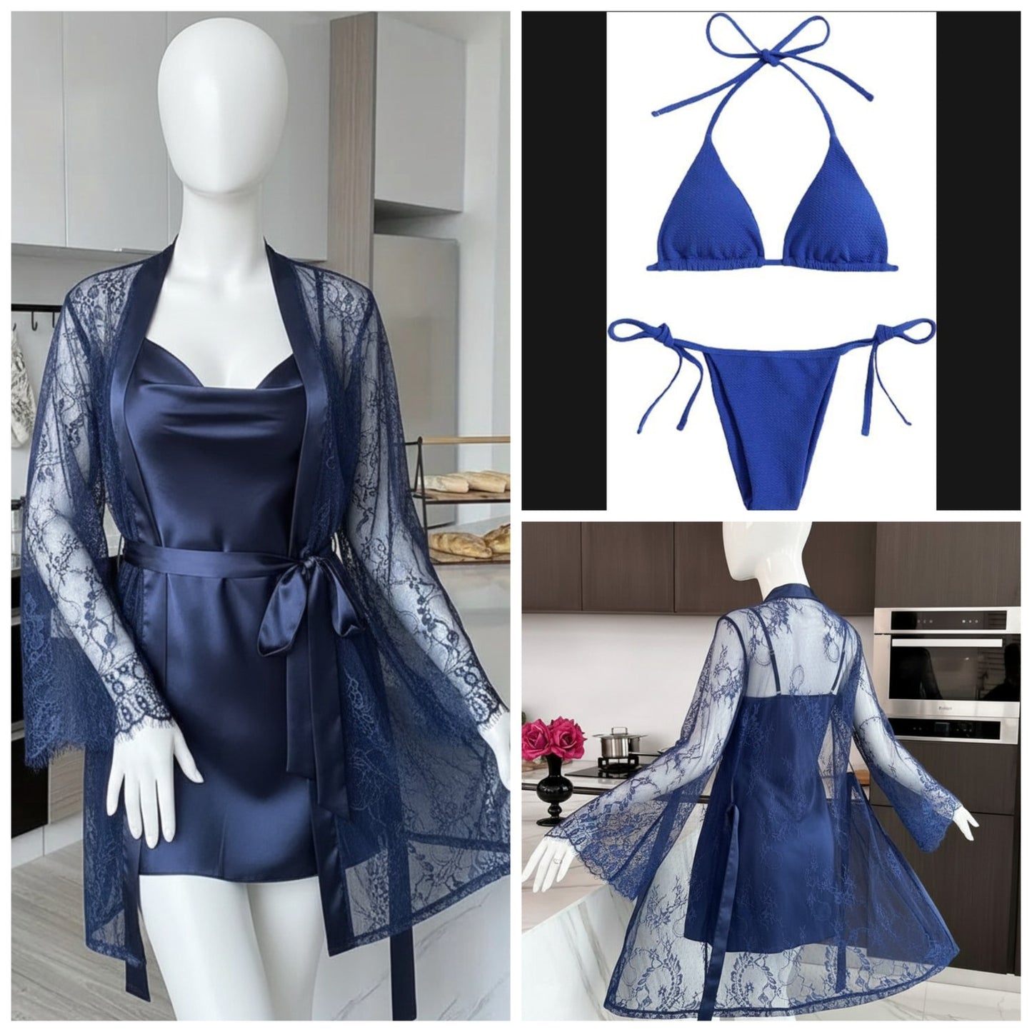 4 Piece Women’s Transparent Net Gown Set – Soft Lace Robe with Silk Inner, Bra & Panty | Free Size - Up to 38 Chest | DC-4052 (Blue)