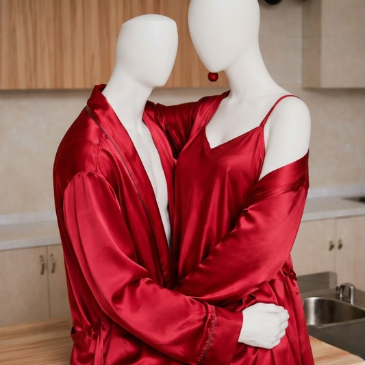 Premium Satin Silk Couple Gown Set (3 Pcs) – Elegant Matching Nightwear for Men & Women | Free Size | SKU: DC-C006 | Maroon