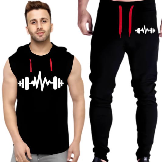 Black Vinyl Dumble Printed Gym Summer Hooded Sleeveless Tracksuit for Mens (Hooded + Trouser) - M