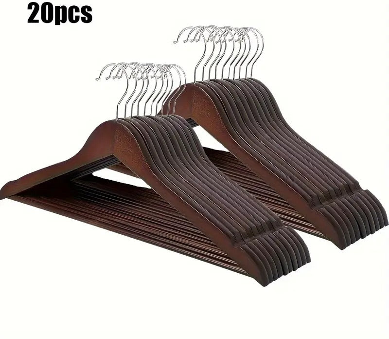 Premium Wooden Hangers – Pack of 20 Durable Slim Hangers with Pants Bar – Smooth Finish for Closet Organization (Brown &amp; Light Wood) (With Box) - Brown