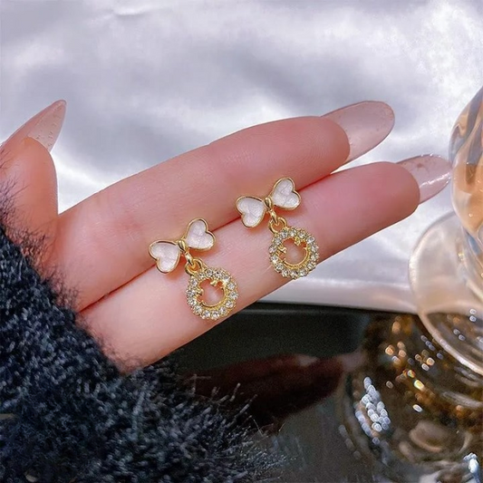 PXT-988 Smiley Face Zircon Korean Earrings – Elegant Bow &amp; Crystal Circle Design - Available In Goden And Silver Color - Golden